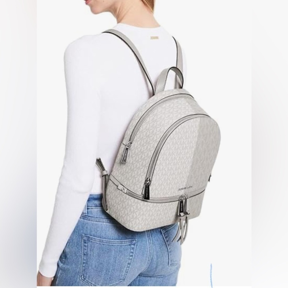 Michael Kors Rhea Medium Colorblock Signature Logo Backpack Aluminum/Pearl‎ Gray